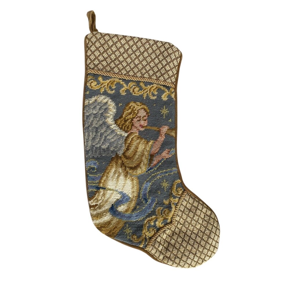 C&F Needlepoint Christmas Stocking Angel Playing Horn Gold Blue